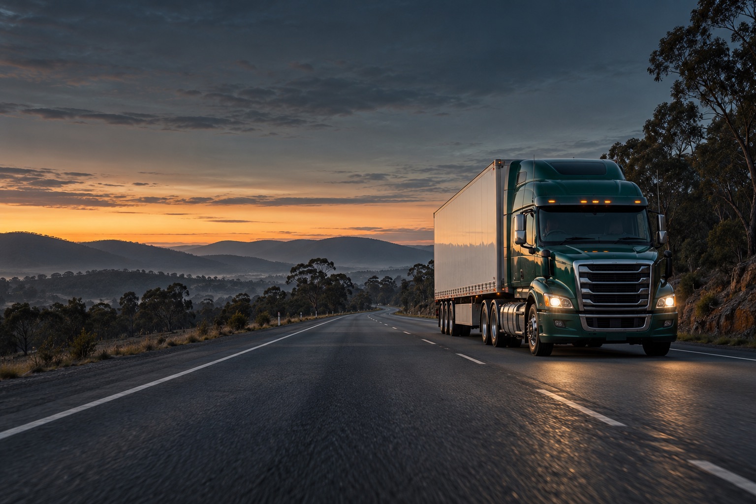 A freight truck travelling an Australian country highway before dawn, a generated concept image