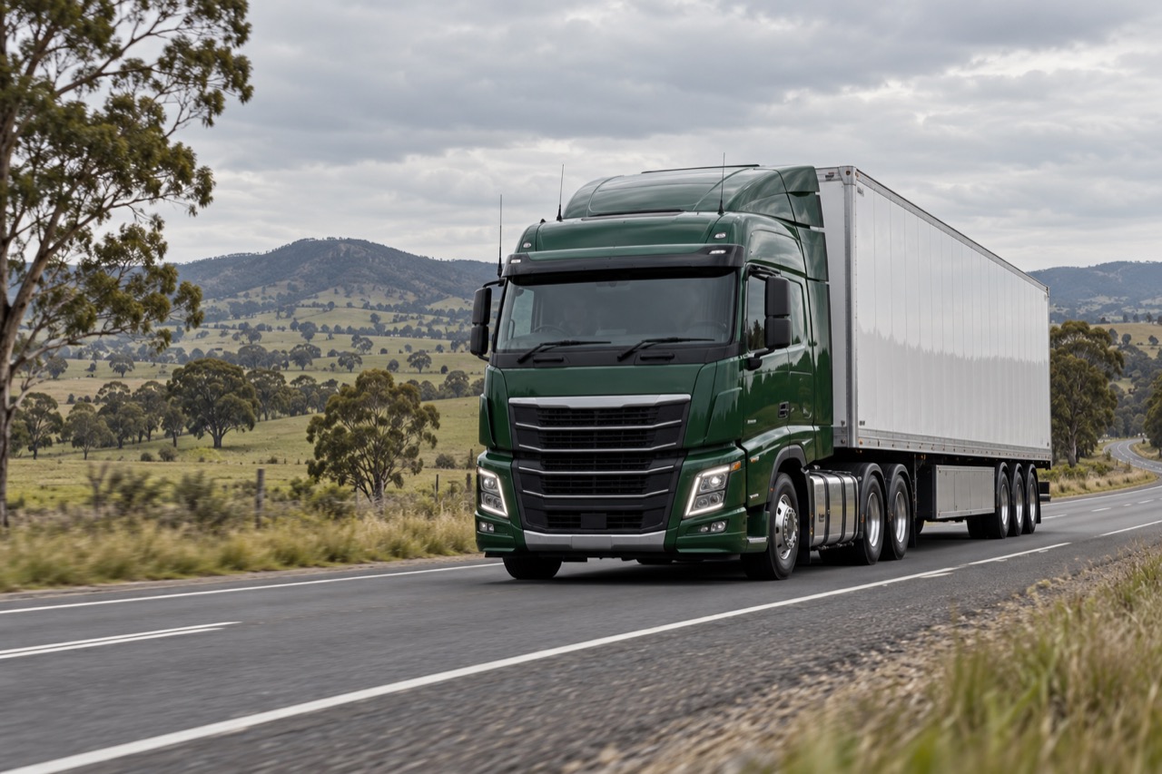 A green truck carrying freight through rural Australia, a generated concept image